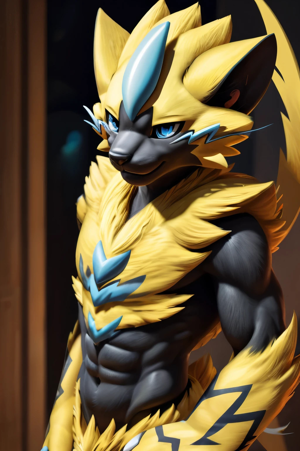 A detailed artwork portraying a furry, nude depiction of Zeraora from Pokémon. The medium for this artwork is a highly detailed digital illustration, showcasing the intricate fur and muscular physique of the character. The image quality should be (best quality, 4k, 8k, highres, masterpiece:1.2), ensuring every element is depicted with ultra-detailed precision. The art style should lean towards a realistic, photorealistic:1.37 approach, capturing the essence of Zeraora's design with studio-like lighting. The overall color palette should be vibrant and vivid, enhancing the visual impact of the image. The scene should be bathed in warm, golden hues to create a sense of warmth and allure.