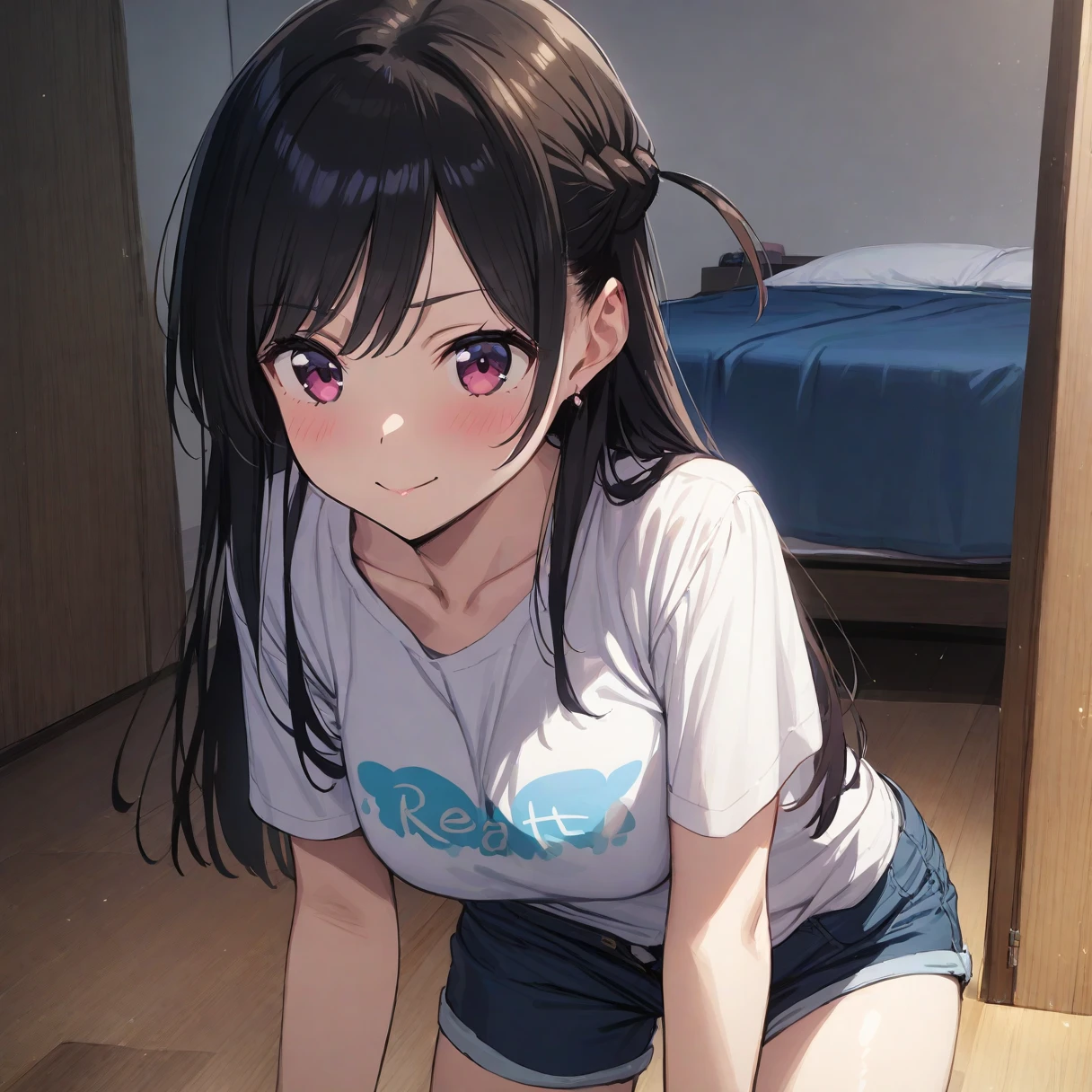 1girl, Mizuhara Chizuru,Rent a Girlfriend,one side up,shirt,shorts,room,masterpiece, best quality, absurdres,
