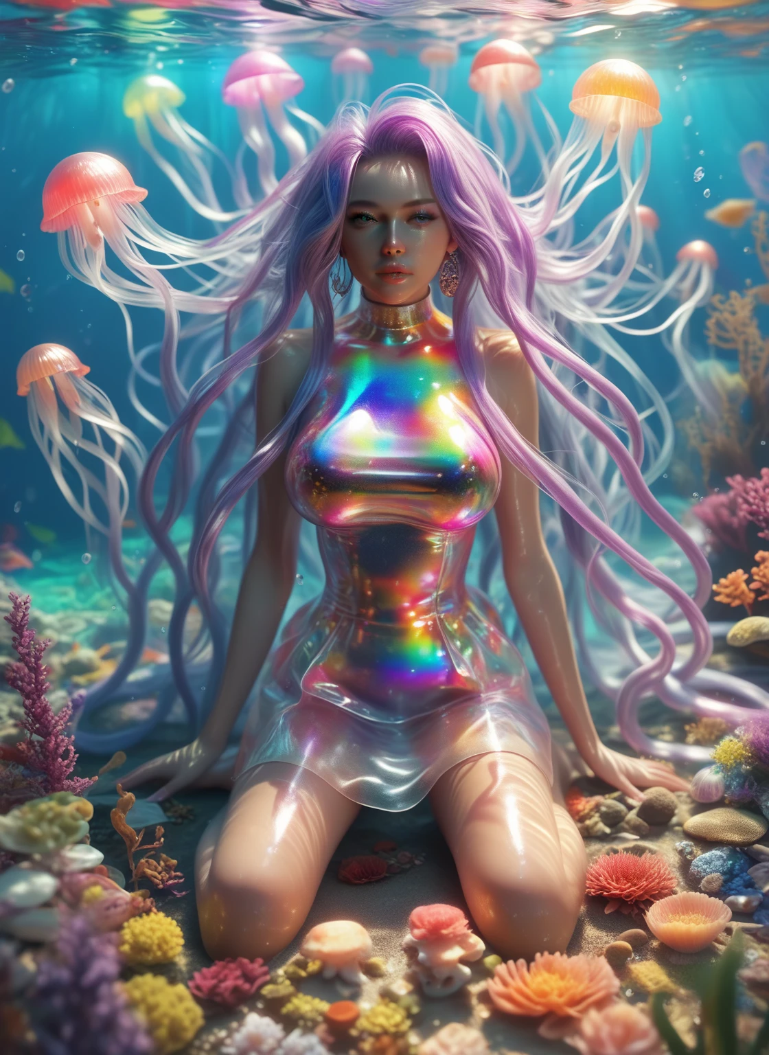 [Adriana Chechik], mature woman, 1girl, gorgeous and medium breast, underwater, sea, digital painting, (full body):2, (lightroom:1.13), soft light, (corals swimming tropical fishes medusa tentacles ), (natural skin texture:1.2), sharp focus, focused, glass led brain lines, corals skin, jellyfish style, art by Anna Dittmann, masterpiece, highres, realistic, cyberpunk, :<, colorful, [(colorful explosion psychedelic paint colors:1.2)::0.20], intricate one piece swimsuit, cgsociety, analytical art, detailed painting, glowing neon, iridescent paint, intricate artwork by Tooth Wu, ((art by Android Jones)), wlop, beeple, octane, green eyes, bright face, (smart:0.7), (very tight leotard detailing gorgeous breasts and shaved pussy):2, cameltoe