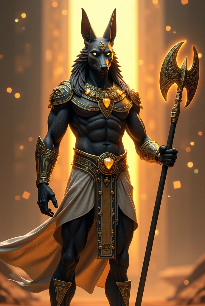 <lora:CulturePunkAI_2:.4> <lora:TechPunkAI:.5> OldEgyptAI AetherPunkAI Anubis wielding a staff charged with flowing sparkling energy , Highly detailed, sci fi fantasy setting, intricate detailed background