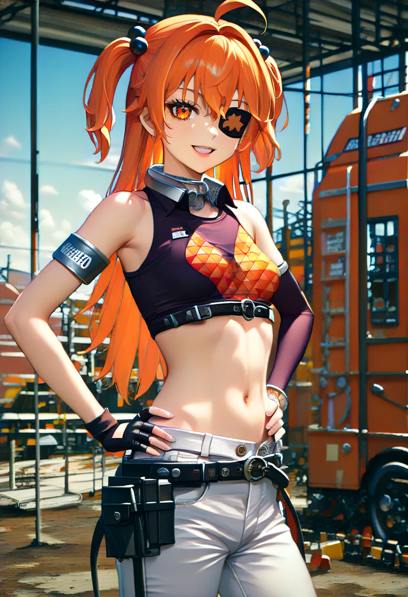 (Masterpiece, Ultra-high resolution, 8k, High Quality, Top quality, High-Detailed, Detailed CG, Cinematic Shadow:0.5, Beautiful Detailed Eyes, Ultra Resolution, Depth of Field, High Resolution, Masterpiece: 1.2), (Anime Art style), (cowboy shot), (Construction site:1.6), 1girl, solo, koleda, orange eyes, eyepatch, orange hair, ahoge, long hair, two-side up, low twintails, black bobbles, hair bobbles, fake animal ears, metal collar, crop top, sleeveless, flame print, asymmetrical gloves, fingerless gloves, jumpsuit around waist, loose belt, belt pouch, white pants, metal armbands, single elbow glove, small breasts, beautiful breasts, smile, dynamic angle, face focus, hands on own hips, from side, 