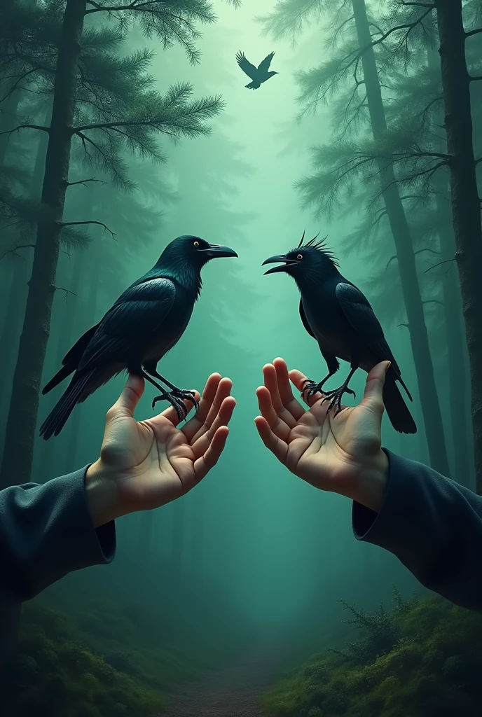 Human and crow in close, friendly interaction, luck symbols floating around, warm color palette, soft-touch illustration