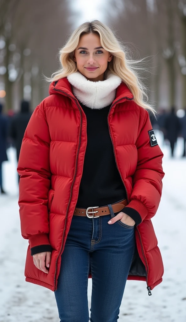 　Front view, Full body , standing model pose, White French blonde model is Rebecca Ferguson , smile, white fur muffler, (Chanel cotton red Down jacket, with white letter "Chanel " sleeve on white Chanel log), (indigo denim pant), and Chanel leather belt, black low-heal), on ground, in Paris Park, winter, noon , ( super detailed, High Details, High Quality , Accurate, anatomically correct , textured skin, beautiful fingers super detailed, High Details , High Quality , High Quality )
