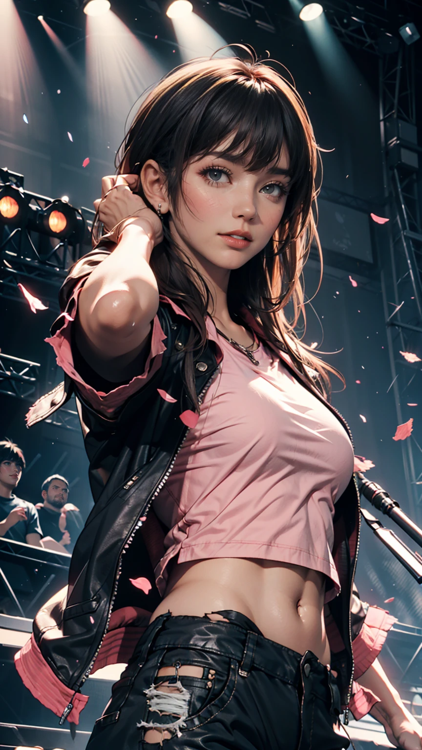   Masterpiece  ,  top quality,  1 girl ,  upper body, Jiro,  detail eyes,  pink shirt, black midriff length jacket,  torn clothes, concert, ( stage)