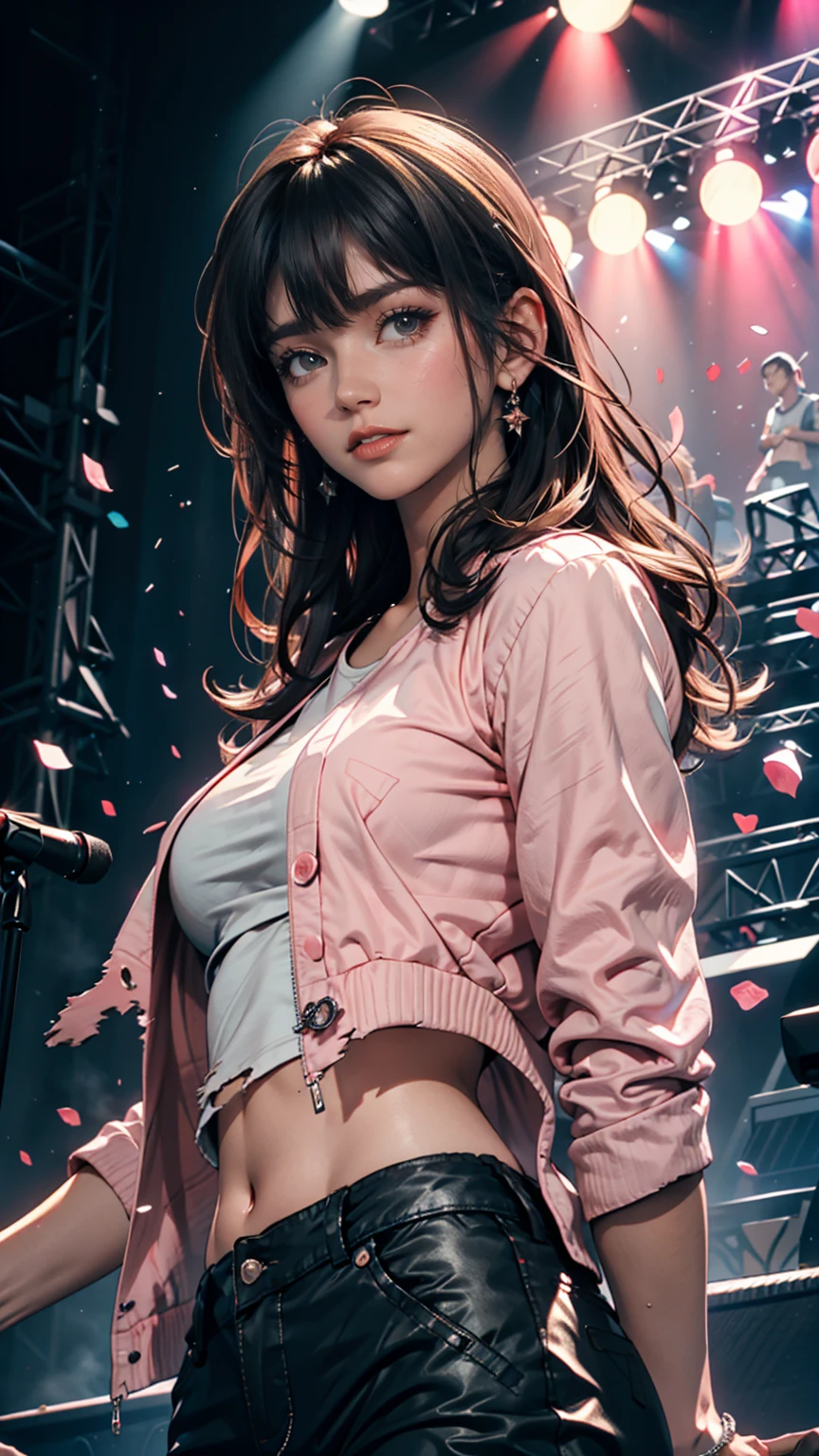   Masterpiece  ,  top quality,  1 girl ,  upper body, Jiro,  detail eyes,  pink shirt, black midriff length jacket,  torn clothes, concert, ( stage)