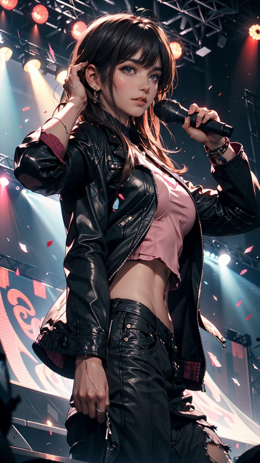   Masterpiece  ,  top quality,  1 girl ,  upper body, Jiro,  detail eyes,  pink shirt, black midriff length jacket,  torn clothes, concert, ( stage)