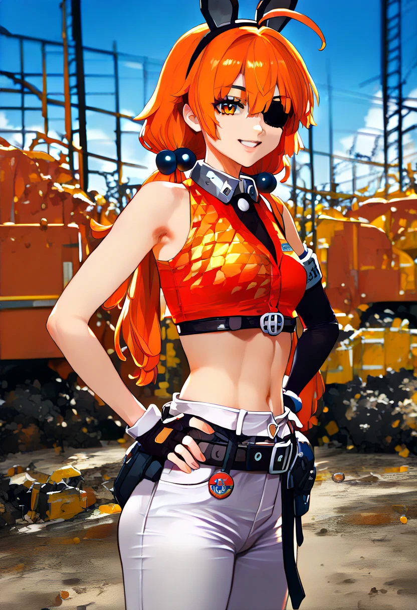 (Masterpiece, Ultra-high resolution, 8k, High Quality, Top quality, High-Detailed, Detailed CG, Cinematic Shadow:0.5, Beautiful Detailed Eyes, Ultra Resolution, Depth of Field, High Resolution, Masterpiece: 1.2), (Anime Art style), (cowboy shot), (Construction site:1.6), 1girl, solo, Koleda Belobog, orange eyes, eyepatch, orange hair, ahoge, long hair, two-side up, low twintails, black bobbles, hair bobbles, fake animal ears, metal collar, crop top, sleeveless, flame print, asymmetrical gloves, fingerless gloves, jumpsuit around waist, loose belt, belt pouch, white pants, metal armbands, single elbow glove, small breasts, beautiful breasts, smile, dynamic angle, face focus, hands on own hips, from side, 