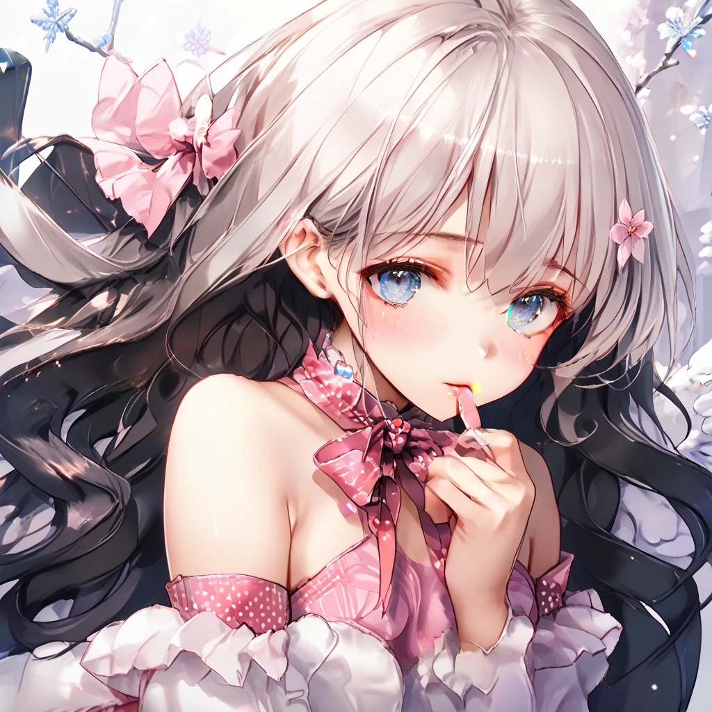 Akemi Takahashi, a seductive anime girl with long, flowing snow-white hair, pale skin and captivating icy blue eyes. She has a petite, curvaceous figure and wears a revealing outfit. Her expression is coy and playful. The background is a dimly lit room with soft, pink lighting. Anime style, detailed.