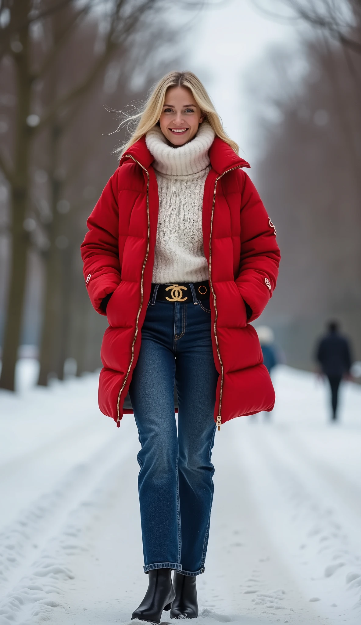 　Front view, Full body , standing model pose, White French blonde model is Rebecca Ferguson , smile, white fur muffler, (Chanel cotton red Down jacket, with white letter "Chanel " sleeve on white Chanel log), (indigo denim pant), and Chanel leather belt, black low-heal), on ground, in Paris Park, winter, noon , ( super detailed, High Details, High Quality , Accurate, anatomically correct , textured skin, beautiful fingers super detailed, High Details , High Quality , High Quality )
