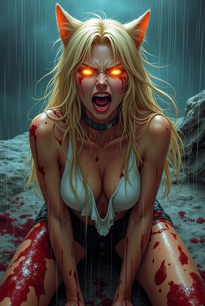 Sexy lady bitten by zombies, hurt, blood on arms, weak, can't walk, almost die, apocslypse zombie
