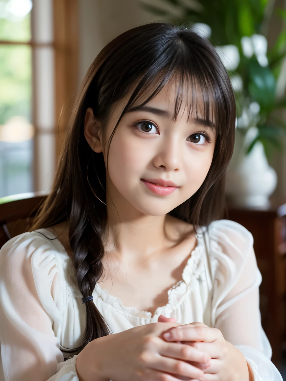 (Best-quality, Masterpiece, Ultra-High-Resolution, (Photorealistic:1.4), Raw Photo, depth of field, professional lighting, perfect anatomy, extremely details), 1girl, 15-years-old, the most famous Japanese idol, in luxury hotel suite, (((wearing very sloppy clothes, detailed sloppy-clothes))), looking at viewer, (extremely cute face like the most popular Japanese idol, (extremely cute and extremely big eyes), extremely beautiful skins), (((extremely messy hair))), extremely cute long-eyelashes, extremely cute lips, innocent smile