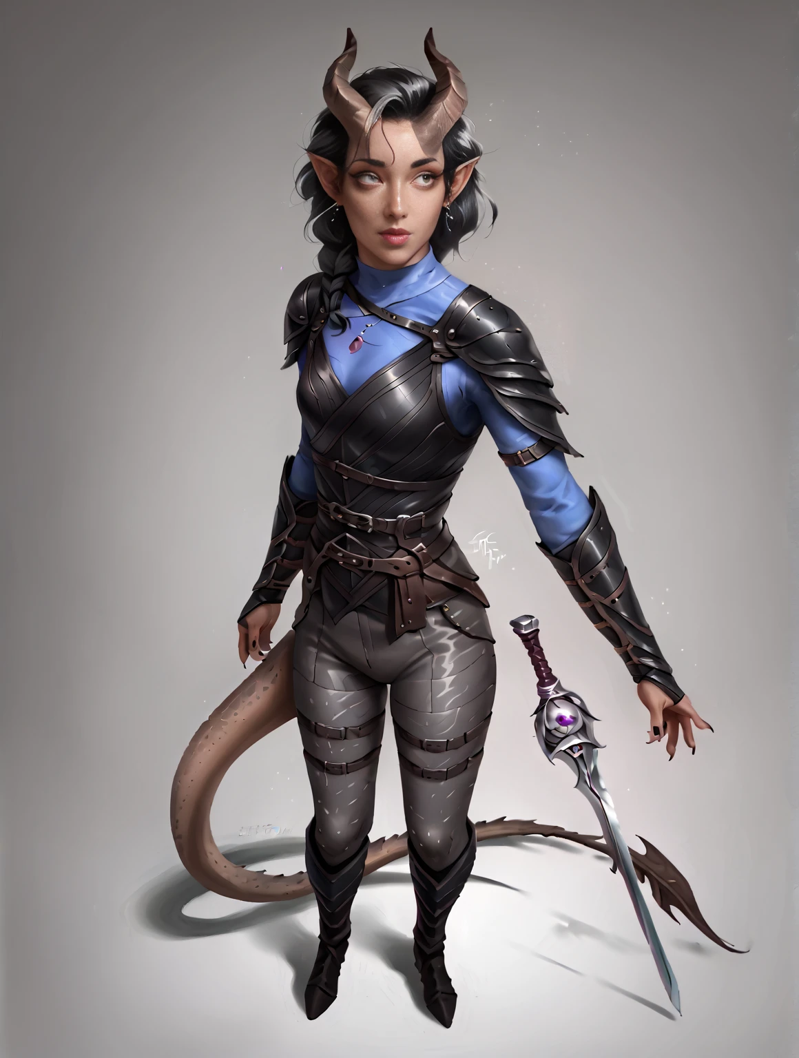  Big curved Cedar , (((1Thiefling with a thick long dragon tail))), (dark blue-grey skin body),  (30 years old) , (  small thick dark gray segmented straight horns   ,  girl ,  dark grey hair ,   small nose  , small lips, (( dark blue leather)), (easy ,   full-body grey leather armor ,  gray leather armor ), dark grey pants ), One,  full length, blue tones (( stands at 3/A 4-half-turn , (( view from above )) ,  looks from behind with its back with its back))  ((book in hand)) .  Epic digital fantasy art style  ,  very detailed work , (Fantasy 4k art), anime art,   fine art  .