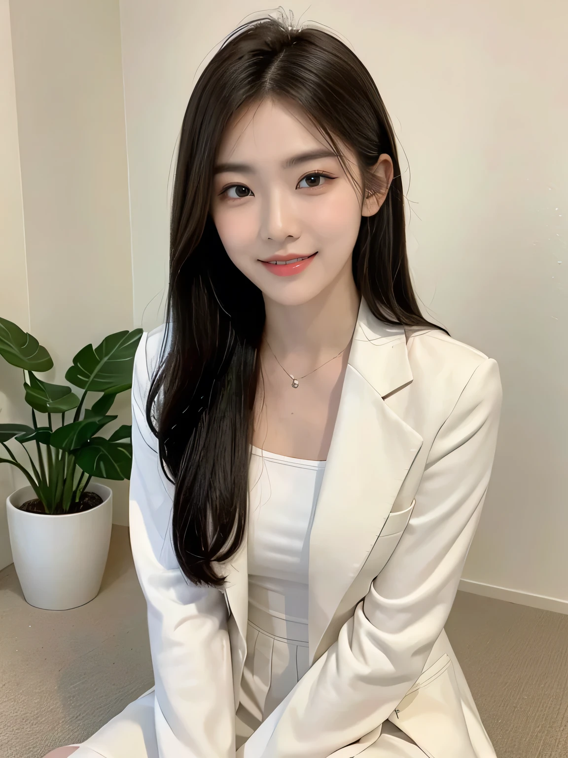 (1 Korean star with royal sister style), ((Best quality, 8K, Masterpiece: 1.3)), focal point: 1.2, Perfect body proportions: 1.4, (Make a smile), (Sunset: 1.3), Watery eyes, Highly Detailed Face and Skin Textur, Fine eyes, Double eyelids, Whitens the skin, (long whitr hair, Air bangs: 1.3), (Round face inches: 1.5), (Student white suit black stockings: 1.4), (Standing on the roof: 1.6),(,(film grain style:1.3),a sense of atmosphere