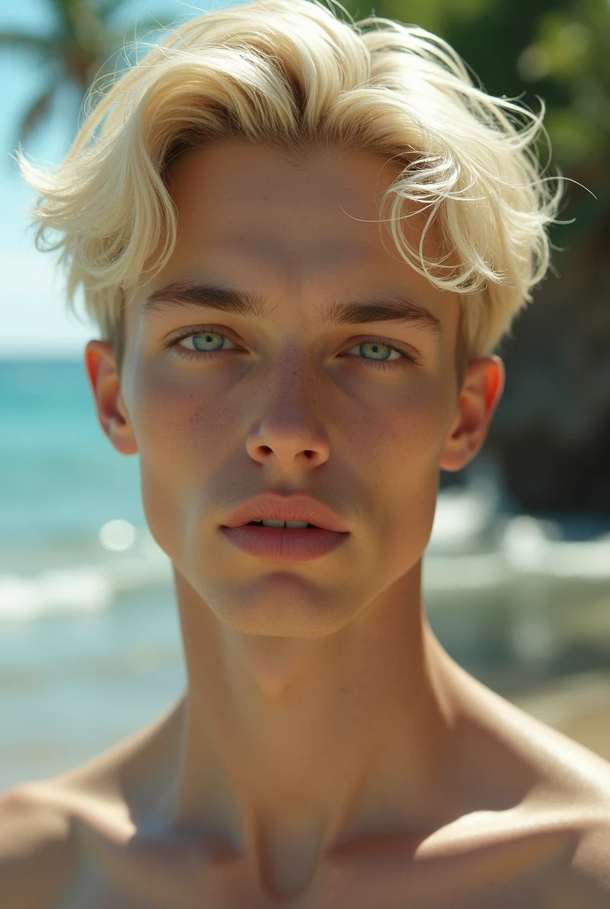 (extremely detailed and high-quality illustration),(best lighting and shadow effects, ultra-realistic), beach, young man with a wheat skin tone and short light white hair, looking out at the ocean with a pensive expression,muscle