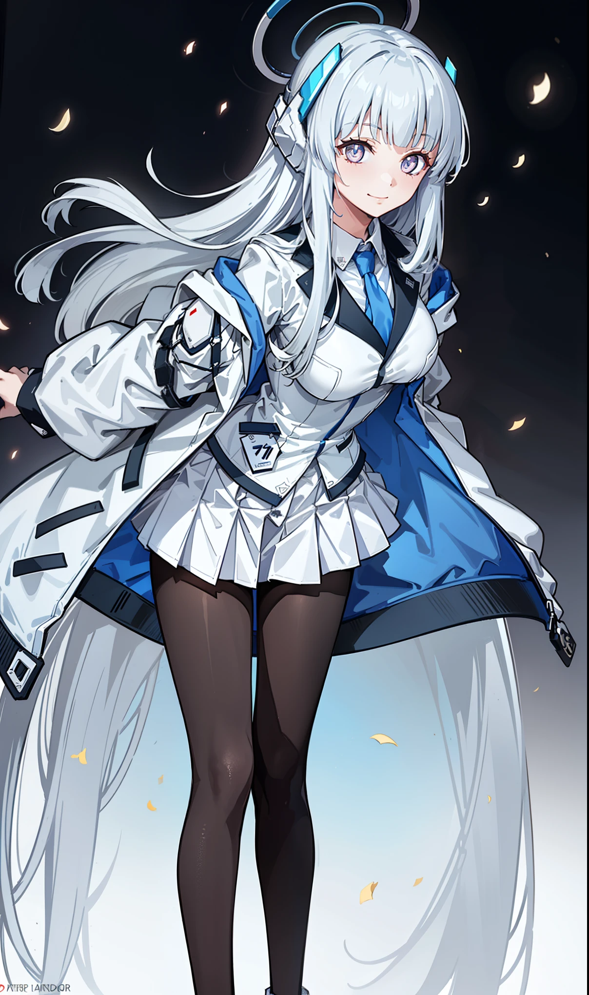 (Exquisite Tidal Noa), 8K,   ultra high resolution , (masterpiece:1.2), (,  Slim and beautiful eyes ), Extremely subtle, , Real light and shadow, permanent, Natural Movement, rest (Blue tie,   White Shirt  ,   Strapless, White jacket, Open front jacket, Long sleeve,   white dress  , Pleated Skirt,   Black Stockings ),   Mechanical housing，arms，floating，In battle，Leg movements