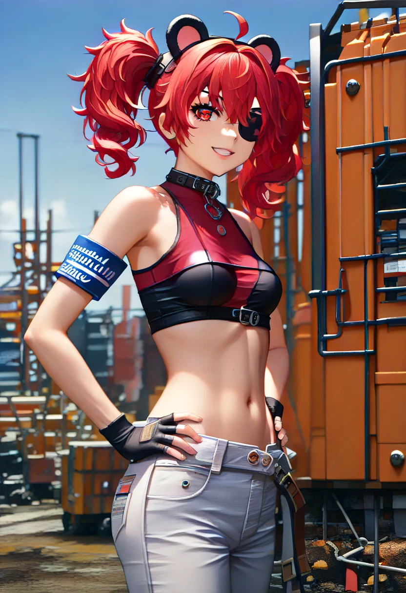 (Masterpiece, Ultra-high resolution, 8k, High Quality, Top quality, High-Detailed, Detailed CG, Cinematic Shadow:0.5, Beautiful Detailed Eyes, Ultra Resolution, Depth of Field, High Resolution, Masterpiece: 1.2), (Anime Art style), (cowboy shot), (Construction site:1.6), 1girl, solo, Koleda Belobog, red hair, messy hair, red eye, black pupil, twintails, ahoge, fake bear ears, eyepatch, hair ornaments, collar, crop top, armbands, one sleeve, fingerless gloves, shoulder cut, midriff, navel, jacket tied around waist, construction pants, white pants,belts, gadgets on hip, , small breasts, beautiful breasts, smile, dynamic angle, face focus, hands on own hips, from side, 