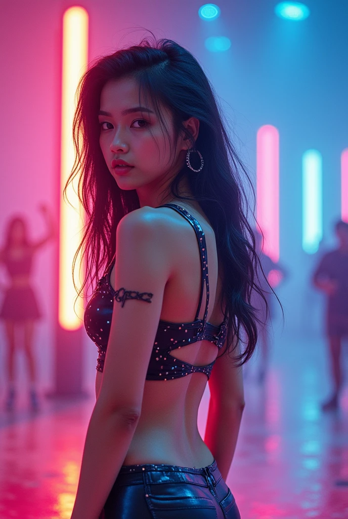 A beautiful girl in a bikini, richly decorated in the style of cyberpunk and fantasy, takes selfies, dark contrast lighting, high detail, posing for the camera, vaporwave