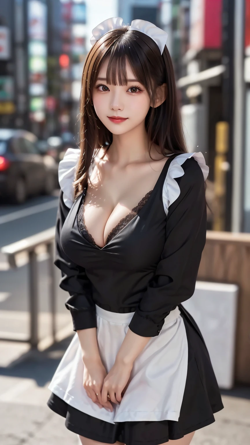 (Maid outfit : 1.5), (Akihabara Background : 1.5), (Curled hair 1.5), (Delicate and realistic hair, Realistic black Hair), bangs, smile, ((white indoor)), ( 18 year old female : 1. 2), young and adorable Japanese face, Official Art, high definition CG Unity 8k wallpaper,Ultra high definition ,Very detailed, half photos with Brazil, high definition , Kodak Portrait 400, film grain , lens flare glow, best quality,8k, as a portrait shot,8k, Show viewer , ((masterpiece)), (( best quality)), ( super detailed), ((cute)), (( sexy)), (( Very detailedな)), (detailed clothing features), (beautiful), Illustration, beautiful Japanese woman, ((1 female)), (Bold Cleavage : 1.1)