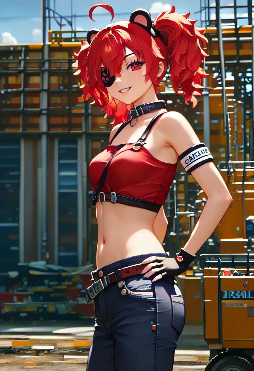 (Masterpiece, Ultra-high resolution, 8k, High Quality, Top quality, High-Detailed, Detailed CG, Cinematic Shadow:0.5, Beautiful Detailed Eyes, Ultra Resolution, Depth of Field, High Resolution, Masterpiece: 1.2), (Anime Art style), (cowboy shot), (Construction site:1.6), 1girl, solo, Koleda Belobog, red hair, messy hair, red eye, black pupil, twintails, ahoge, fake bear ears, eyepatch, hair ornaments, collar, crop top, armbands, one sleeve, fingerless gloves, shoulder cut, midriff, navel, jacket tied around waist, construction pants, white pants,belts, gadgets on hip, , small breasts, beautiful breasts, smile, dynamic angle, face focus, hands on own hips, from side, 