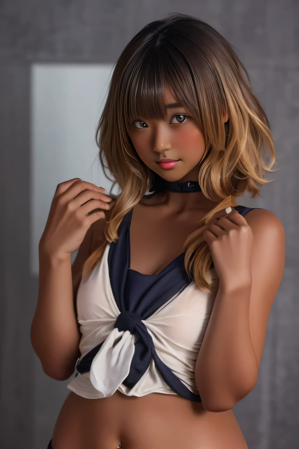 (((( one girl )))), covers his mouth with his hands、 Beautiful breasts、 Brown Eyes , (( gal hairstyle)) blonde alone, girl, ( eye and face details:1.0), break, (masterpiece, top quality, very detailed, detail face , 8k),( dark skin tone :2.05 ), (((( school swimsuit )))),( open her mouth ),(((( Thick lips ))))
