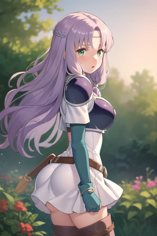 masterpiece, best quality, florina, circlet, armor, white dress, belt, fingerless gloves, cowboy shot, thigh boots, looking at viewer, from side, surprised, wide open eyes, garden, fat ass, lift skirt