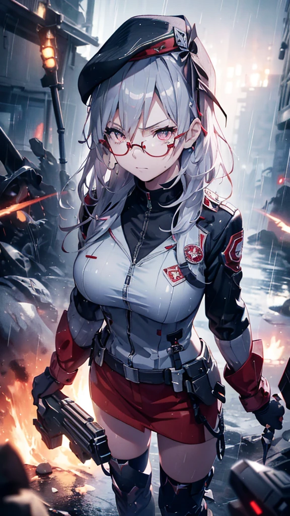 masterpiece , girl, In the Field, ( Light white short hair:1.2), (Red eyes:1.2), (Crossader:1.2), (View your viewers:1.2) , (8K, 最high quality 1.2), Super detailed, 8K Ultra HD, Soft lighting, high quality, Film Grain, Beautiful lighting, Cinematic ,Perfect body , Best lighting, Best Shadow, Sharpness, Contrast, Red glasses, Messy Hair, , Absurd high definition faces, Steel Armor, Large sword