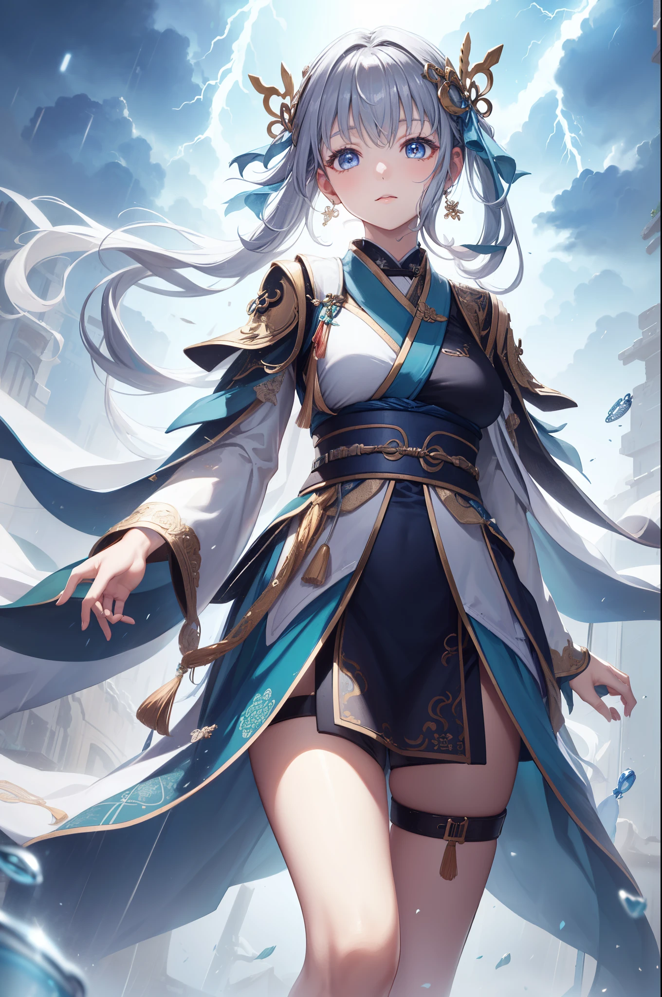 (  is the best quality ,4K,8k,  high resolution ,masterpiece:1.2),  extremely detailed , Mature Women ,,  magic  ,charm,joy, Holy Goddess ,  magic  al effect,Silver Hair,  blue eyes ，Thunder and lightning，Chinese fairy skirt，pink hanfu