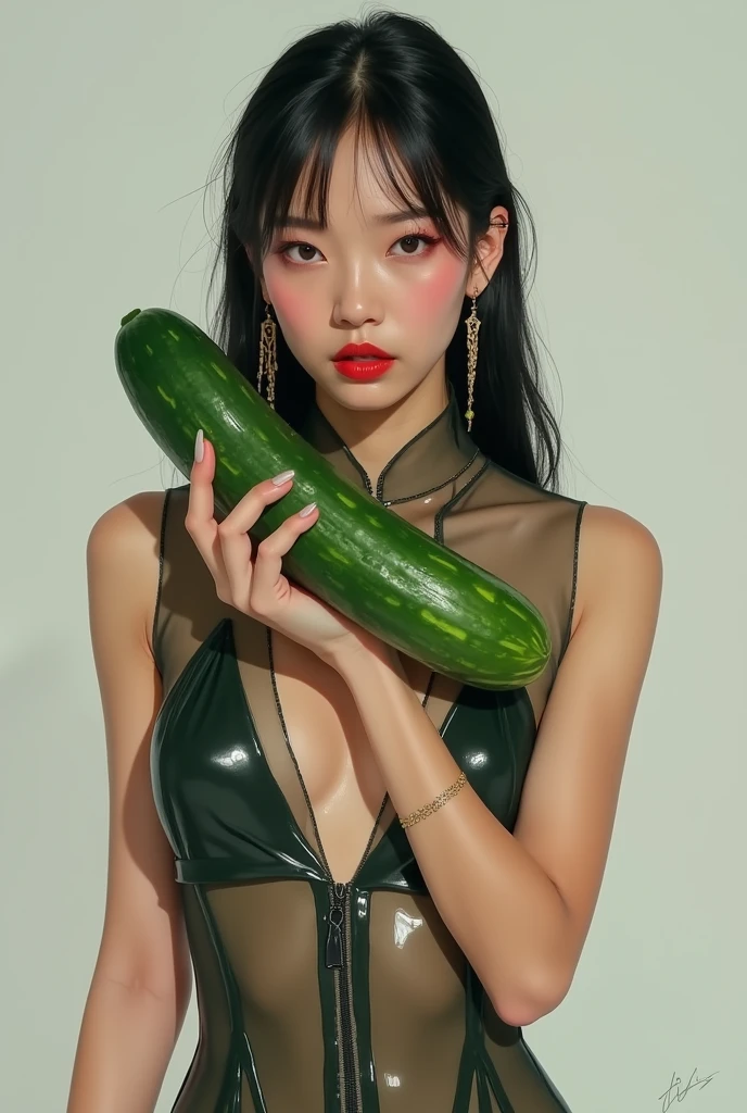 beautiful young asian girl, blonde hair, No Good, wearing a red bikini, oversize breast, squatting while carrying a long eggplant, sweaty body, background in mini market.