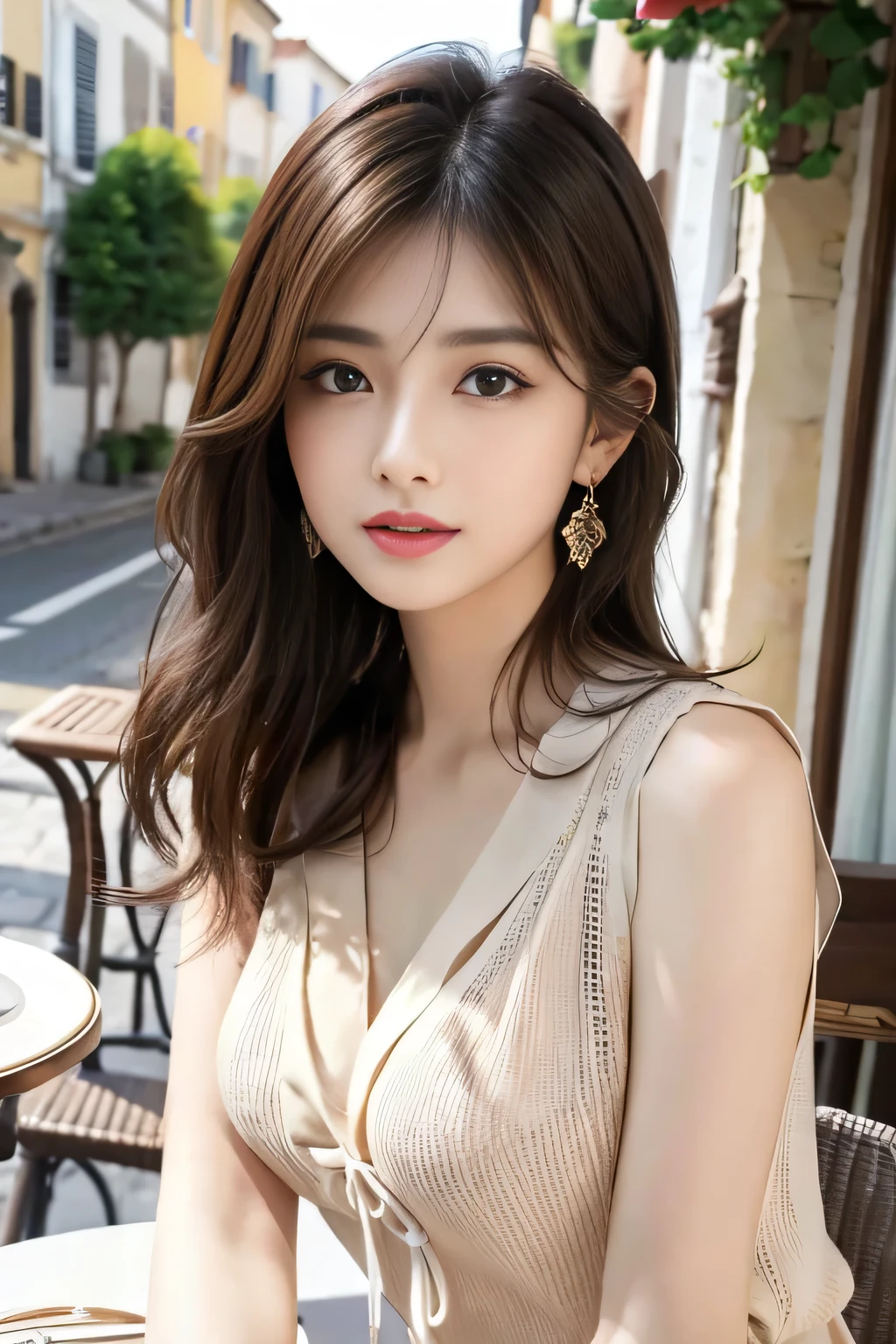 masterpiece、 top quality、Genuine、 very detailed、Subtle details、 high definition 、8k wallpaper、 beautiful woman、Wear a nice blouse、 on a nice cafe terrace、noon、 light brown tousled hair 、 Perfect Dynamic Composition、 beautiful beautiful eyes、nice big earrings、chest