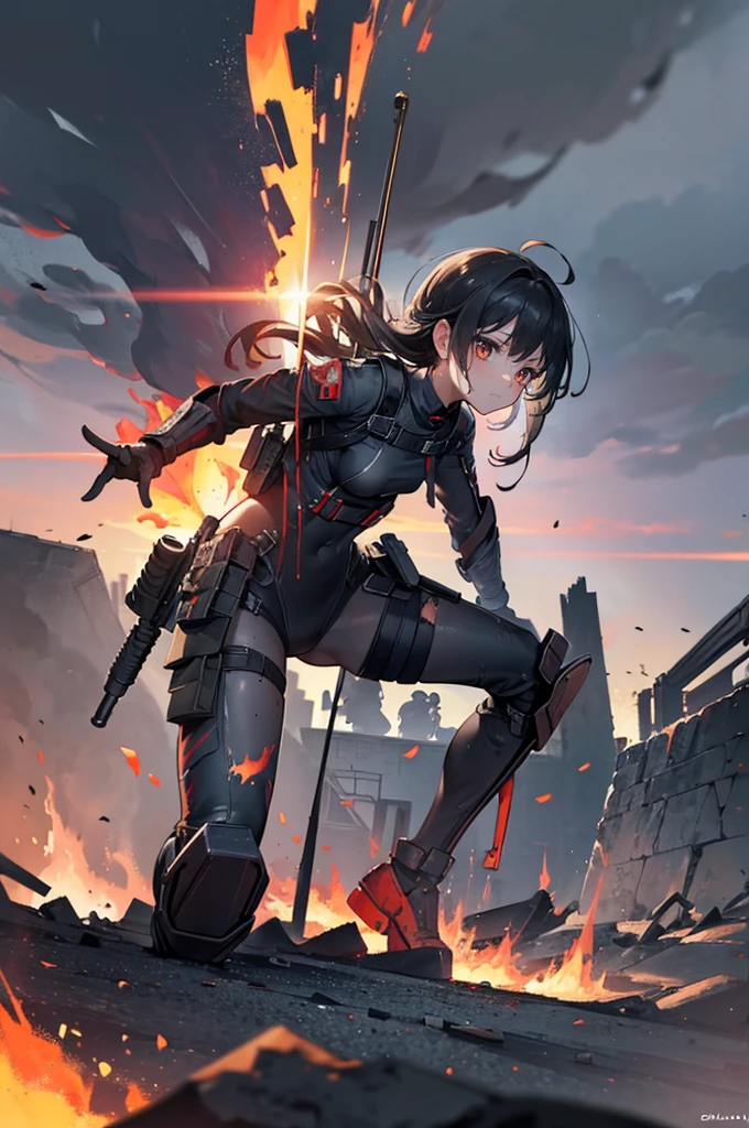 attractive tactical non wearing tactical gear. She should have a confident and fierce expression, with her outfit highlighting her agility and strength. The background should depict a dark zombie battlefield setting, adding a sense of intensity and action. Emphasize her readiness and combat skills while maintaining an alluring appearance. Tactical, Female Warrior, Urban Combat, Action, Skimpy Outfits, Intensity, Battlefield.