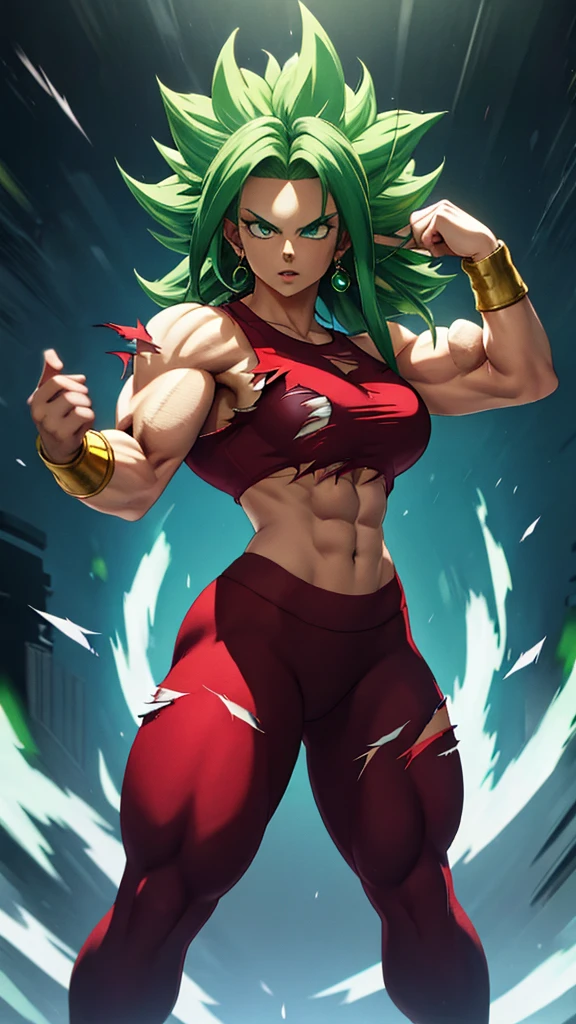 ( masterpiece ,  better quality ,  ultra detailed ,  at high resolution ,  best illustration ), 1 girl, cowboy photo of the beautiful xyzkefla super saiyan,  green hair, Very Long Hair,  green eyes, pointed hair , Energy, ( torn clothes:1.2), jewelry, aura, Leggings, Red clothes, Detailed,   sharp focus , Dramatic,  cinematic lighting , bodybuilder, standing, cargando Energy, green saiyan aura ,pointed aura , very muscular