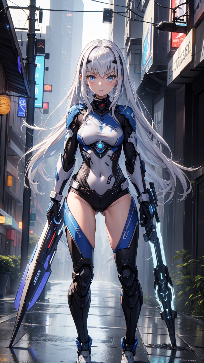 NSFW, 1girl in, Cyberpunk, Robotic armor, (masutepiece: 1.4), (8K, Realistic, Raw photo, Best Quality: 1.4), nipple areola shape clear, , japanaese girl, Beautiful cute face, (Real Face: 1.4), Perfect , Beautiful hairstyle, Realistic blue eyes, Beautiful detail eyes, (Real Skin: 1.3), Beautiful skin, Attractive, Ultra High Resolution, A hyper-realistic, Off-sheller, Night view, Burning City, Post-apocalyptic world, Cinematic lighting, white color hair, Long hair, twin ponytail, blue ribbons, Weapons in hand, alien space ship, futuristic fantasy, Legs open, View from below, Bottom View, SEX, Mating press, cum on the body,  Juice