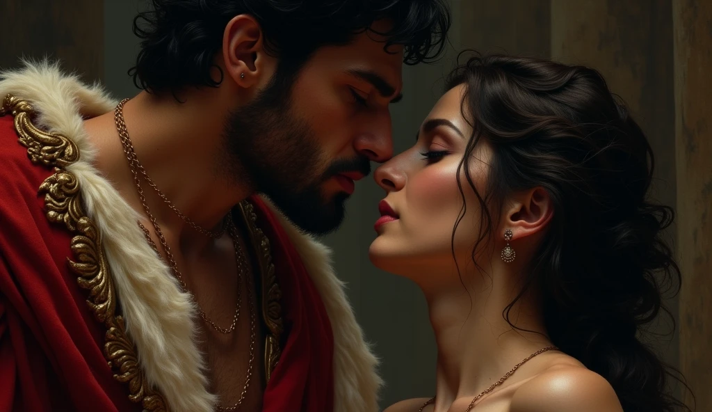 full-body from head to toe of a provocatively dressed ancient Roman prostitute entertaining her customer who is Roman senator, beautiful detailed eyes, beautiful detailed lips, extremely detailed face and skin, long eyelashes, intricate detailed clothing and jewelry, cinematic lighting, dramatic shadows, warm color tones, photorealistic, masterpiece