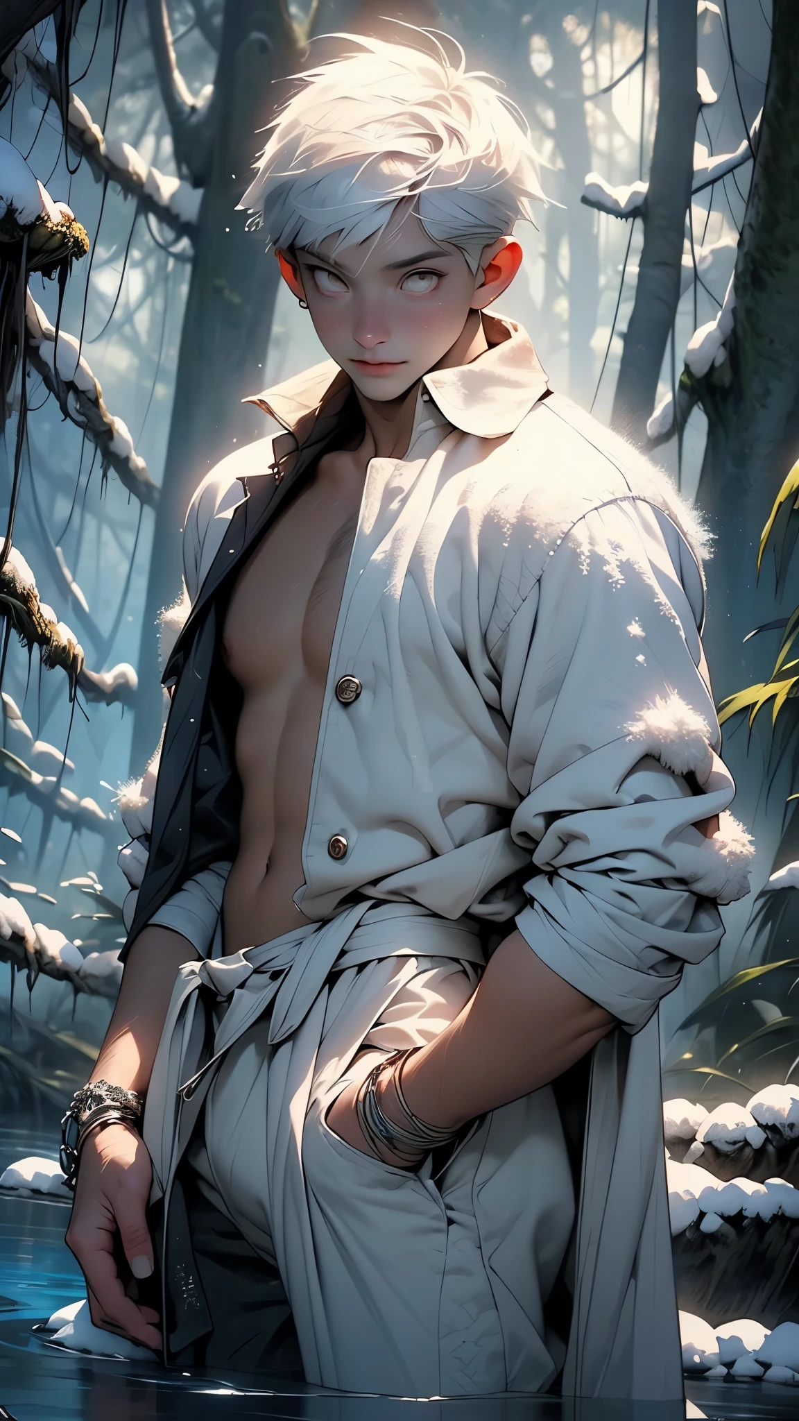 1 man, (male model) hot skin, masterpiece, best quality, most handsome man in the world, by Shen Quan, perfect body, beautiful male model, an attractive man 18-24 years old aesthetic, blossoms in spring, green fields, spring, plains, trees, flowers, blue sky, rough and handsome young man in white transparent robe, white transparent fabric, shirtless jacket shoulders, exposed chest muscles, exposed thighposed transparent white briefs)), (male focus), (smooth body)), smile, super cute, dynamic pose, cool and seductive, dramatic lighting, full body shot, full body shoot, young face, full body, body hairless, skinny tall, fit body, dominant, white or white skin, young face, firm body, hd, natural flesh tone, soft light, highly detailed, looking at the audience, photography, detailed skin, real person, realistic, photorealistic realistic, crazy detail, facial detail, hype maximization, hype surrealism, film, telephoto, lighting complex detail , Highly detailed, Highly detailed, Digital painting, artstation, concept art, smooth, sharp focus, illustration, Unreal Engine 5, 8K, art by Ross Tran and Greg Rutkowski and Alphonse Mucha, UHD, 8k, Show men only .8k Ultra HD, DSLR, dim lighting, high quality, film grain, Fujifilm XT3, male fan, 2-person, two-person model.