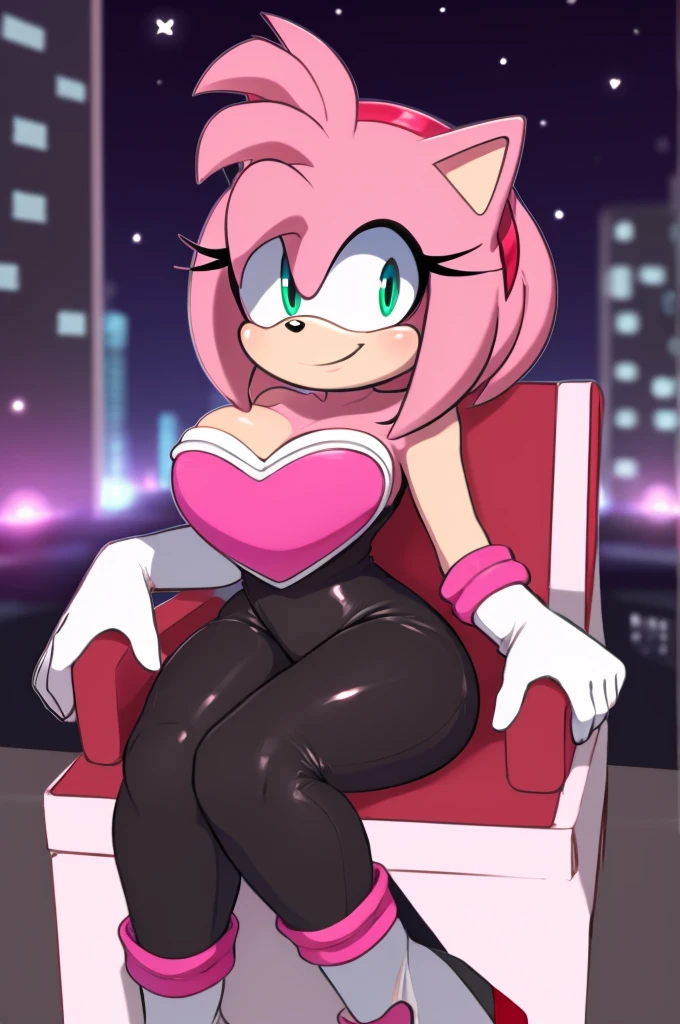 score_9, score_8_up, 2D, flat color, looking at viewer, (1girl), (solo), very detailed, extremely detailed, Amy Rose from the sonic the hedgehog series, portrait, smile, looking at viewers, hair down, hair bangs, large bust, milf, Rouge cosplay, cosplay, Rouge outfit, she wears a black skin-tight and strapless low-cut jumpsuit, a pink heart-shaped chest plate outlined with thin white trim, elbow-length white gloves with pink cuffs, sitting on a stroller chair, on the terrace, near to the city at night
