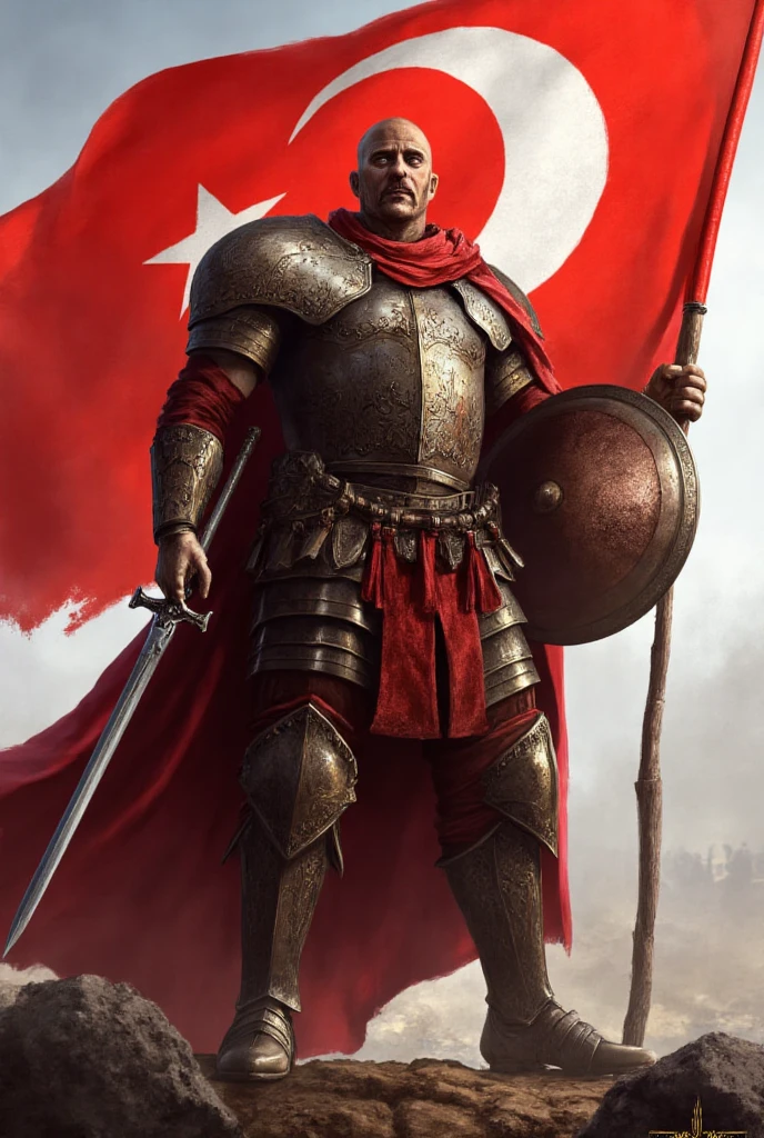 , Turkish hero holds armor in his right hand, in the left hand - SeaArt AI