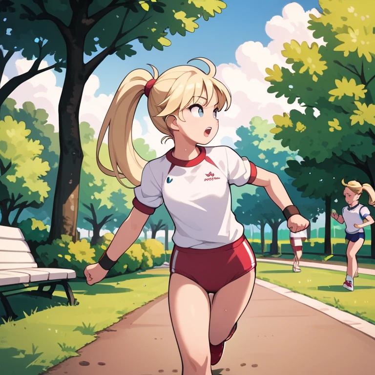 a young girl exercising in the park, 1girl, young, blonde hair, ponytail, gym uniform, buruma, park, outdoors, running, exercise, best quality, masterpiece,