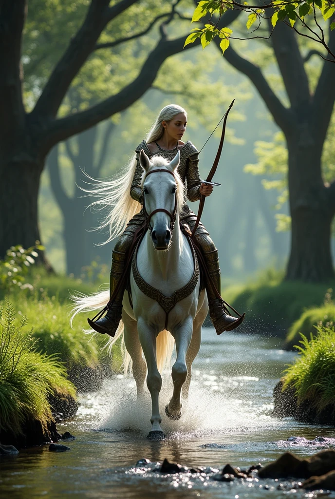 HD, photograph Middle earth elf, long silver hair, elvish body armor, on a galloping white horse, using a bow and arrow, on a shallow stream in a Forrest,