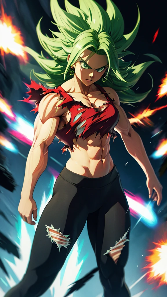 ( masterpiece ,  better quality ,  ultra detailed ,  high resolution ,  best illustration ), 1 girl, cowboy photo of the beautiful xyzkefla super saiyan,  green hair, Very Long Hair,  green eyes, pointed hair , Energy, ( torn clothes:1.2), jewelry, aura, Leggings, Red clothes, Detailed,   sharp focus , Dramatic,  cinematic lighting , bodybuilder, standing, cargando Energy,Saiyan aura ,Green aura,pointed aura , very muscular, battle pose 