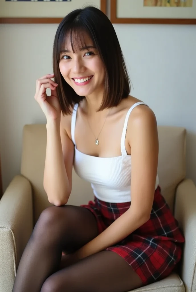 woman, solo, adult, mid-20s, short brown hair, straight hairstyle, wearing a white spaghetti-strap top, plaid mini skirt, black stockings, sitting on a chair, one leg raised, playful pose, hand touching hair, smiling expression, natural makeup, indoors, simple room background, soft lighting, confident and cheerful atmosphere