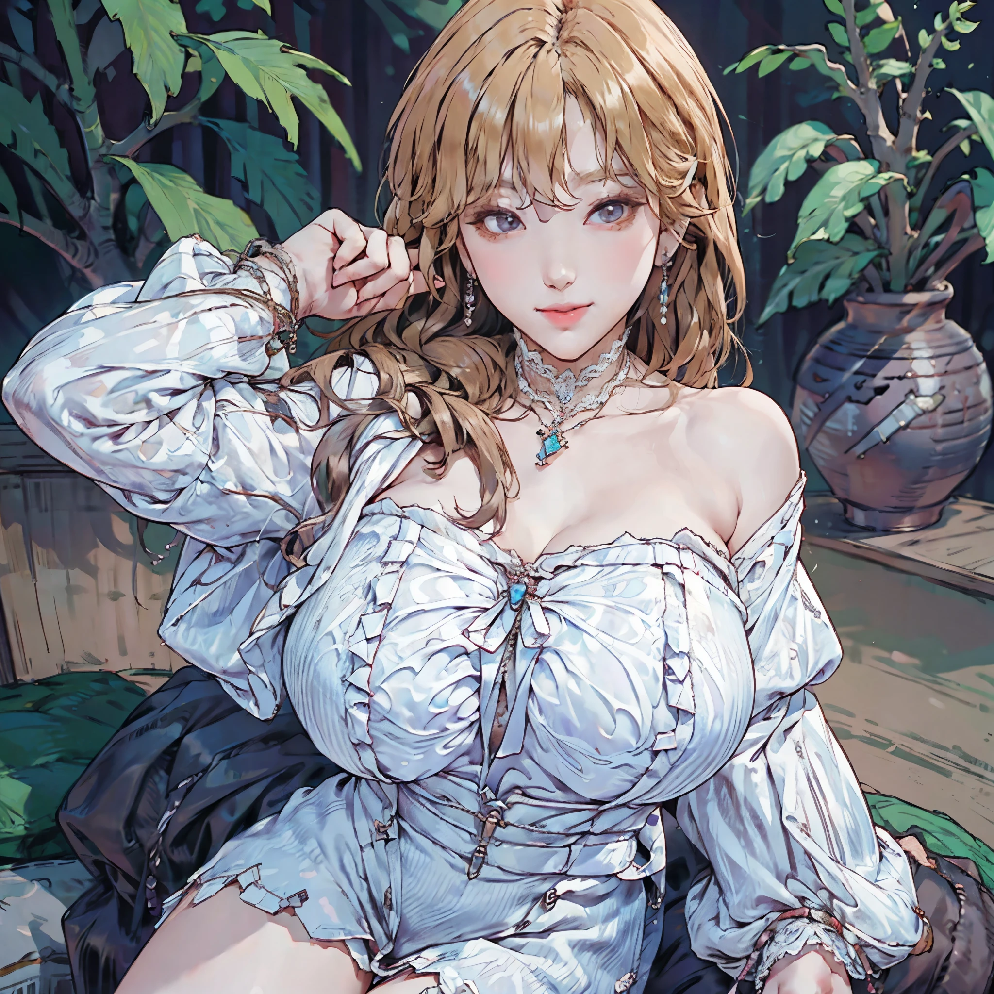 girl, from above, head tilt, (gigantic breasts:1.4), thighs, white lace-trimmed strapless mini dress, long hair, messy hair, hair over one eye, looking at viewer, smirk, detached ruffles sleeves, loose sleeves, jewel crown, pendant earrings, lace choker, pendant neclace, psychedelic colorscheme, botanical, light mythological, chinapunk, high quality, super details, long blonde hair, sexy, submissive, seductive, blushing, tease, sharp focus, shiny skin, naughty, lips, gradient, masterpiece, photorealism, beautiful, warrior, monk, scripture, bead necklace, soft lighting, realistic, intricate details, zen garden,