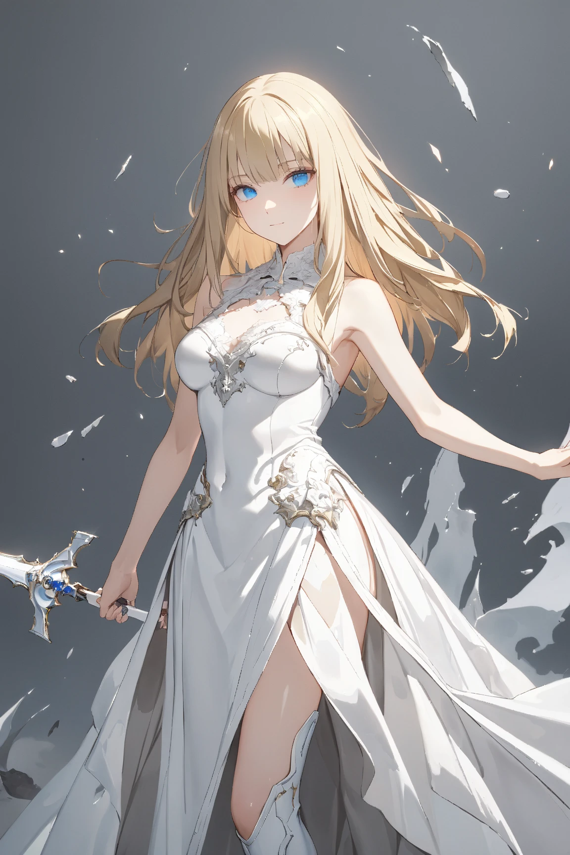 (gray background:1.3), No wind, character sprite, Break, 
1 girl, (cute face), elegant, Confident Look, light smile, 19 years old, Tall, 170 cm tall,, Standing, feet out of frame, blonde hair, hime cut, blue eyes, (medium breasts:1.2), slim, white elegant mini dress, Battle Armor, tight breastplate, thigh boots, Great Sword,,(porcelain skin), Break, 
(gray background:1.3), No wind, high fantasy, game cg, absurdres,  highres icon, ultra detailed, beautiful, masterpiece, best quality,