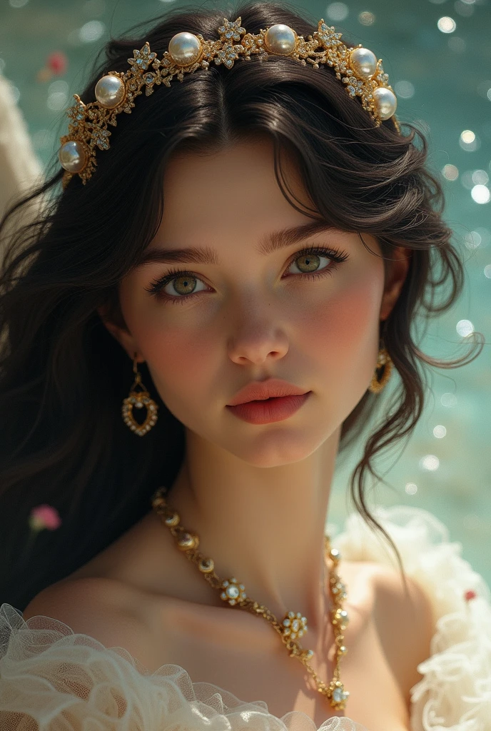 portrait Camila Cabello, wearing aphrodite costume, against the background of a seashell, character portrait, 6 9 9 0 s, curly hair, intricate, elegant, highly detailed, digital painting, artstation, concept art, smooth, sharp focus, illustration, art by wlop, charlie bowater and alexandra fomina, 36k, glittering, shining