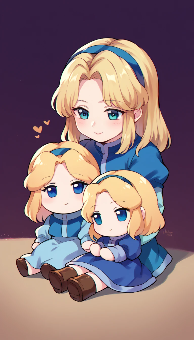 fumo \(doll\), chibi, sitting,maria robotnik, blonde hair, blue dress,