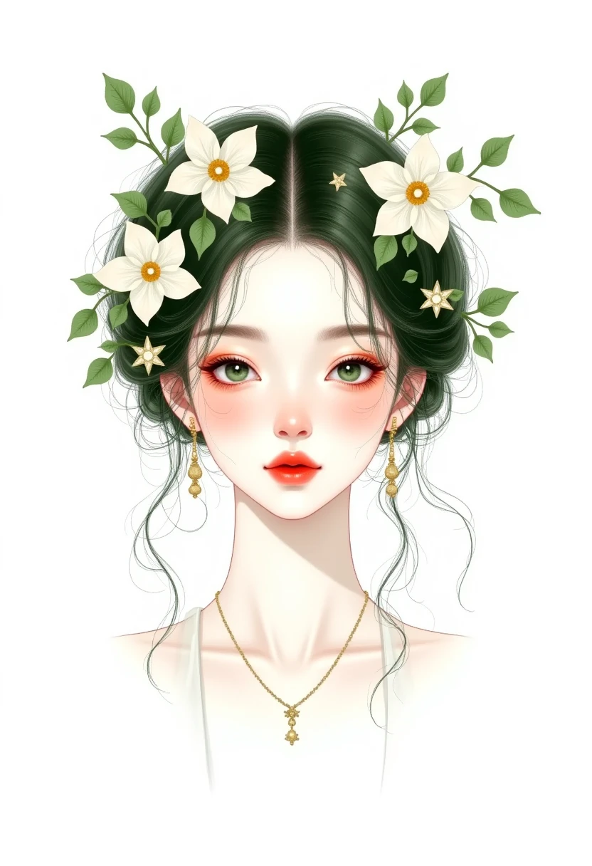 (masterpiece,  is the best quality:1.2), ,  unique , Look at a beautiful face from the front ， white minimalist art nouveau，Illustration style，White and green