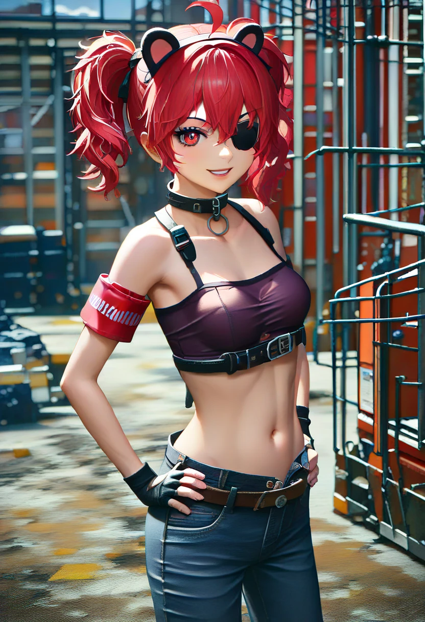 (Masterpiece, Ultra-high resolution, 8k, High Quality, Top quality, High-Detailed, Detailed CG, Cinematic Shadow:0.5, Beautiful Detailed Eyes, Ultra Resolution, Depth of Field, High Resolution, Masterpiece: 1.2), (Anime Art style), (cowboy shot), (Construction site:1.6), 1girl, solo, Koleda Belobog, red hair, messy hair, red eye, black pupil, twintails, ahoge, fake bear ears, eyepatch, hair ornaments, collar, crop top, armbands, one sleeve, fingerless gloves, shoulder cut, midriff, navel, jacket tied around waist, construction pants, white pants,belts, gadgets on hip, , small breasts, beautiful breasts, smile, dynamic angle, face focus, hands on own hips, from side, 