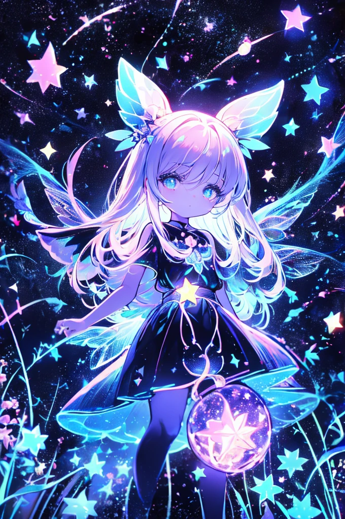  black light , 1 girl 、Chibi、cute、 black light ボディペインティング、Star Fairy、Meteor Shower、 composition from below 、