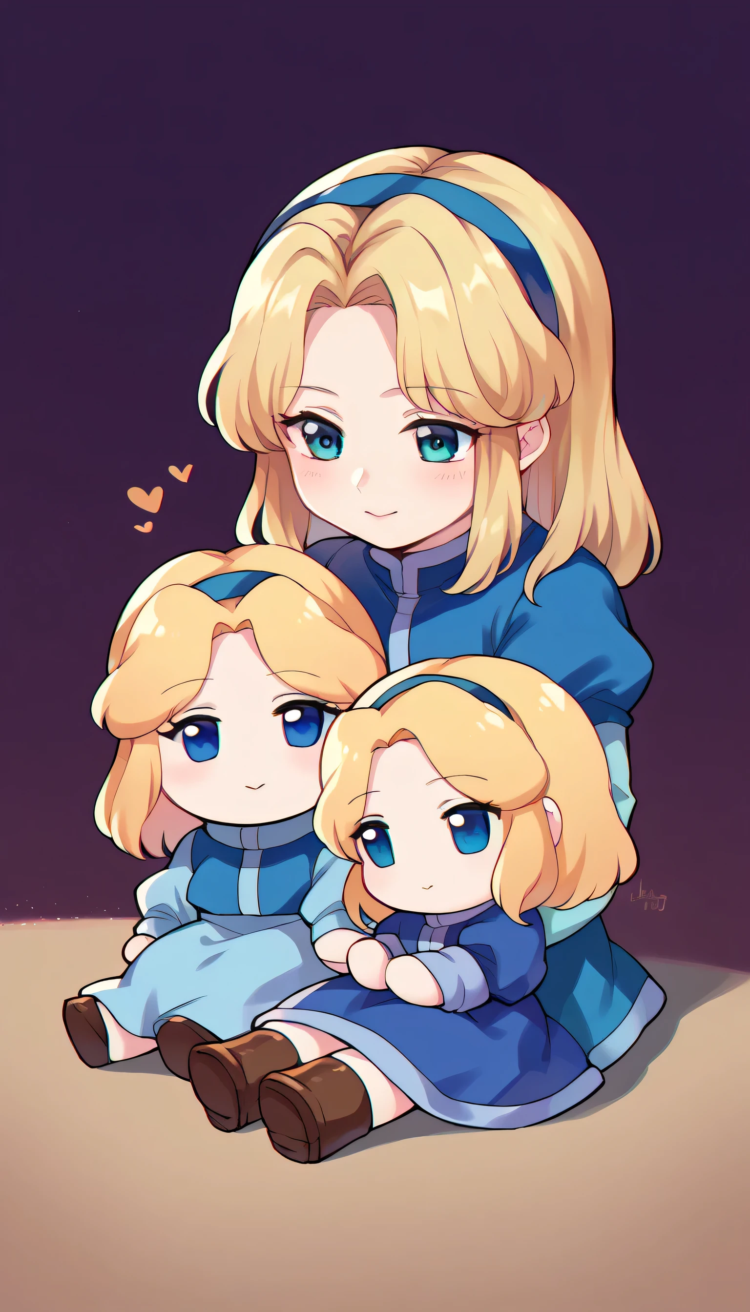 fumo \(doll\), chibi, sitting,maria robotnik, blonde hair, blue dress,