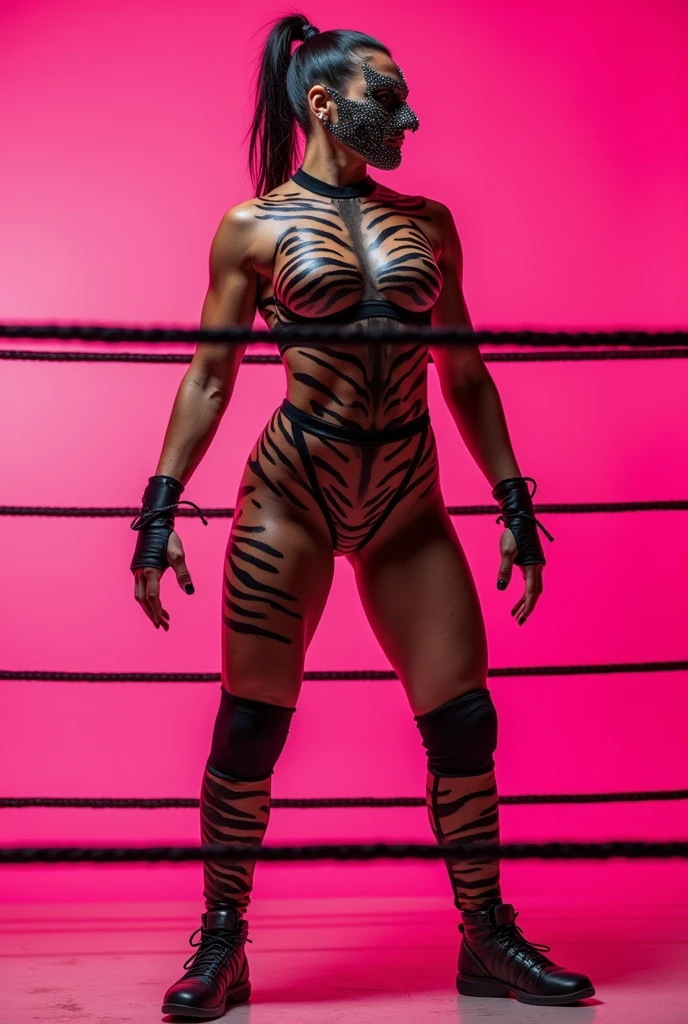 (medium full shot) of (agile luchador) young woman, black american, dark skin, hazel eyes, slender build, long ginger afro hair, wearing a full-face luchador mask with skull patterns, lightning patterned singlet, shorts, high-top sneakers, embroidered cape with Mayan motifs, elbow pads, set in Backstage, Interview Zone, camera crew setting up, microphone stands, reporters waiting to interview wrestlers, background banners displaying sponsors, at sunset, woman surprised, open mouth, running toward the viewer, ,Masterpiece,best quality, photo, realistic, very aesthetic, detailed face,