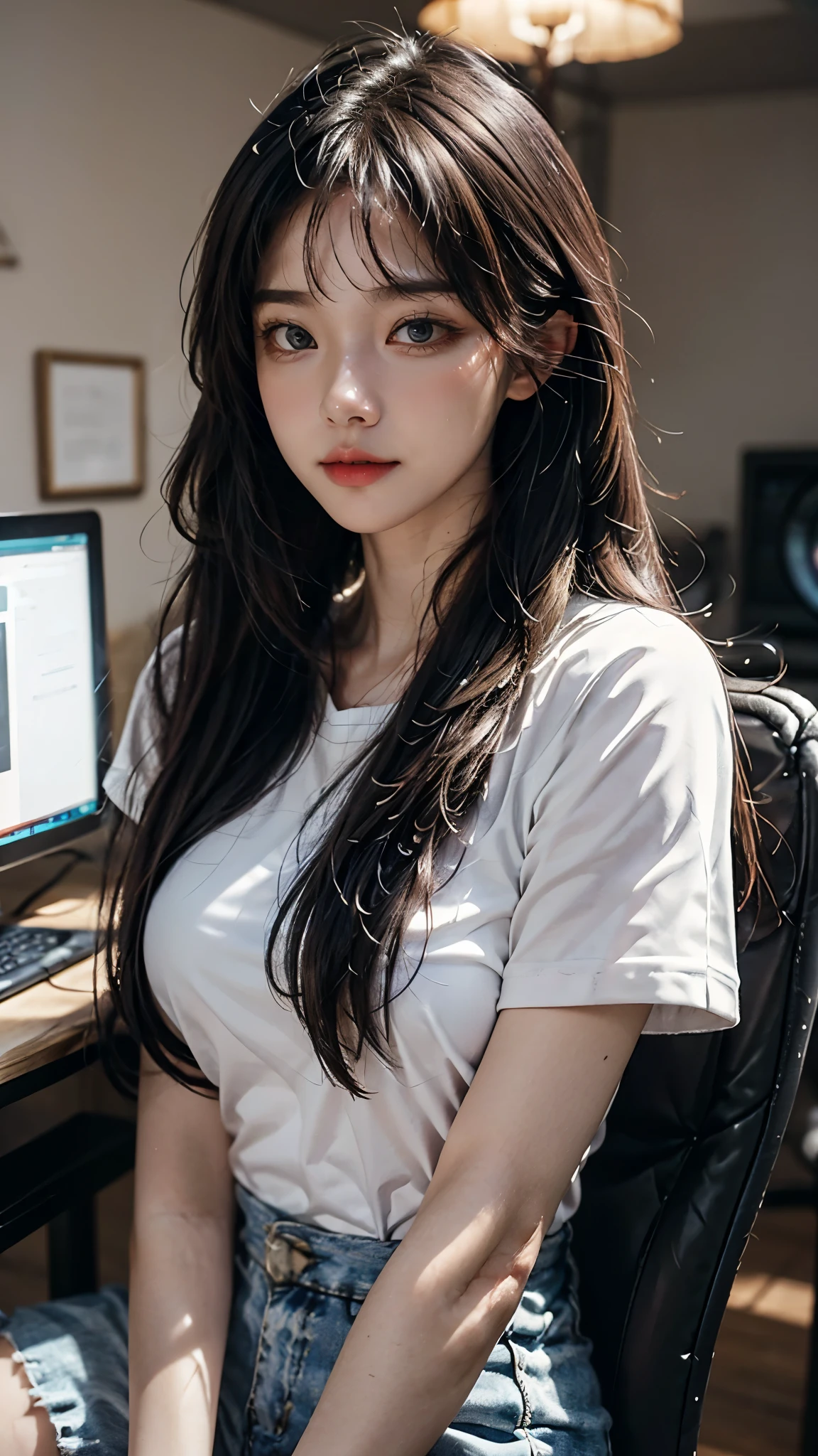 best quality, masterpiece, highres, ferpect lighting, film grain, Glowing skin, (upper body shot), (photorealistic:1.50), 1girl, solo, long hair, (twintails:1.3), black hair, Hair ribbon, (Twin horns:1.3), (Wing:1.5), tank top, Pleated skirt, standing, Arms behind back,(super Giant breast:1.5),(Sagging breasts:1.5),(Cleavage:1.3), Curtain background, computers, room, From above, blue eyes,